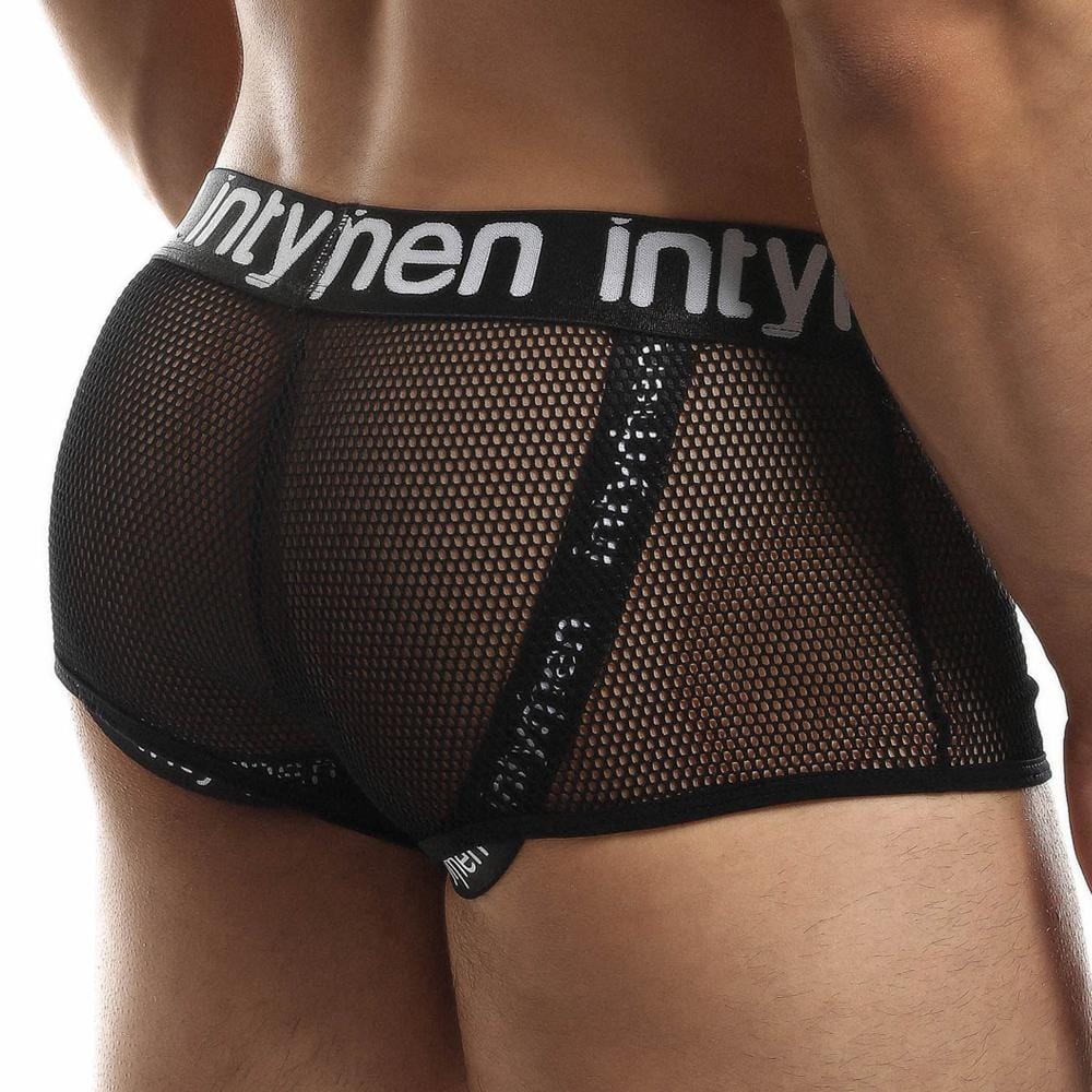 Black mesh men’s jockstrap with branded elastic waistband intymen ing066 showing front view
