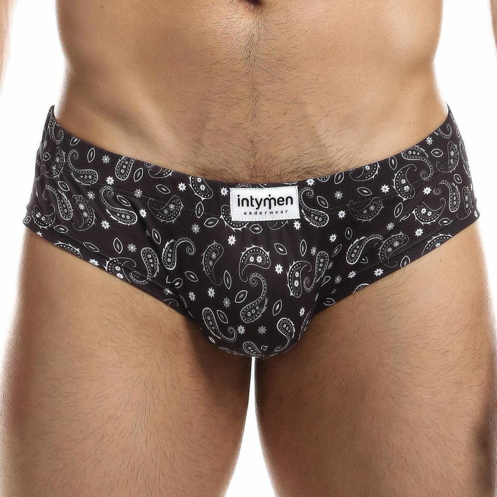 Black men’s briefs with white paisley and floral pattern branded intymen underwear in ing067 boxer trunk design