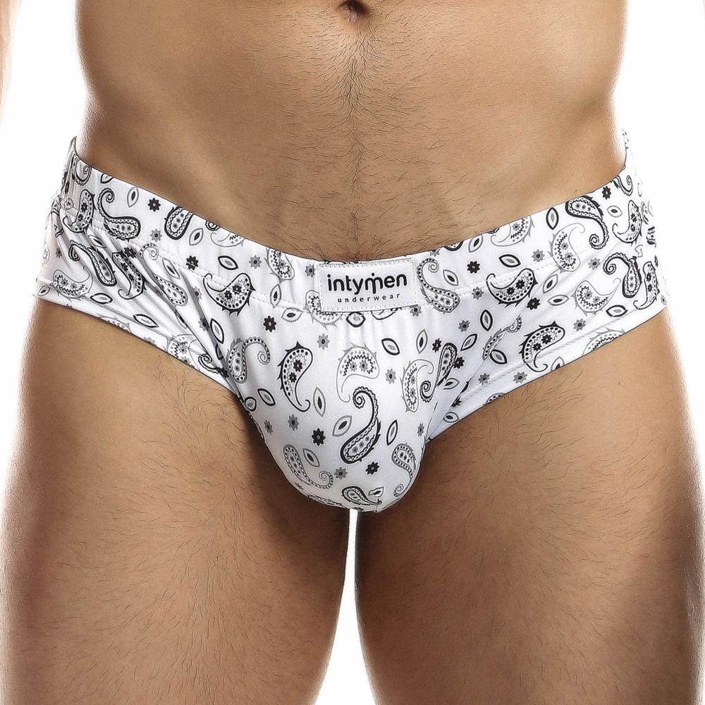 White men’s briefs with black paisley and floral patterns featuring intymen underwear branded label ing067 boxer trunk