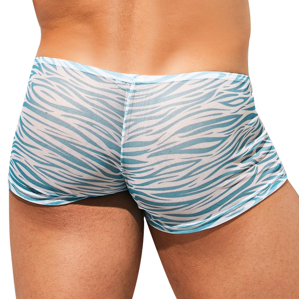 Intymen ing078 boxer trunk teal and white zebra-striped mesh briefs front view with breathable fabric design
