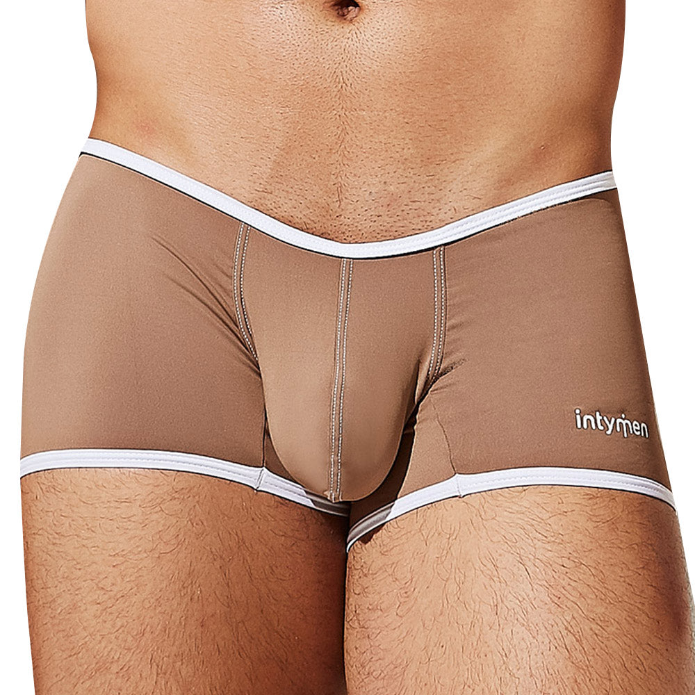 Tan men’s Intymen ING082 boxer briefs with white trim and subtle logo on the side for comfortable everyday wear