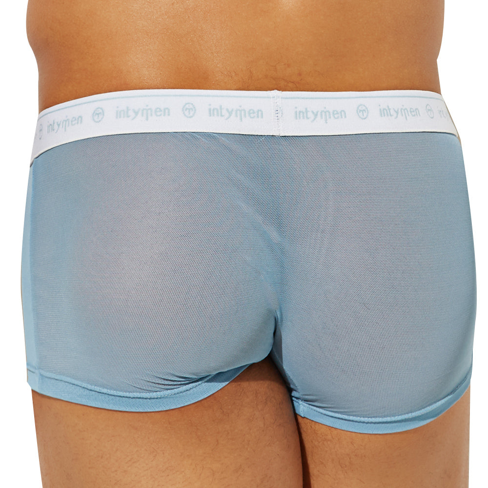 Light blue mesh men’s boxer briefs with white elastic waistband featuring intymen logo intymen ing085 boxer trunk