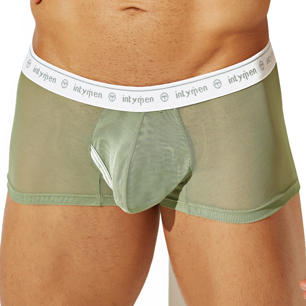 Olive green mesh men’s underwear with white elastic waistband featuring intymen logo and emblem front view