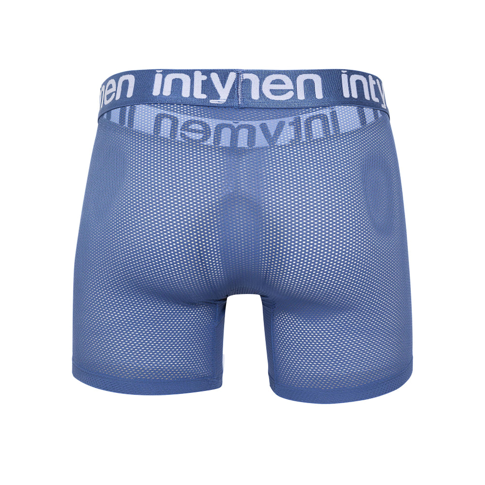 Blue mesh Intymen ING096 boxer briefs with white Intymen logo on waistband offering breathable comfort