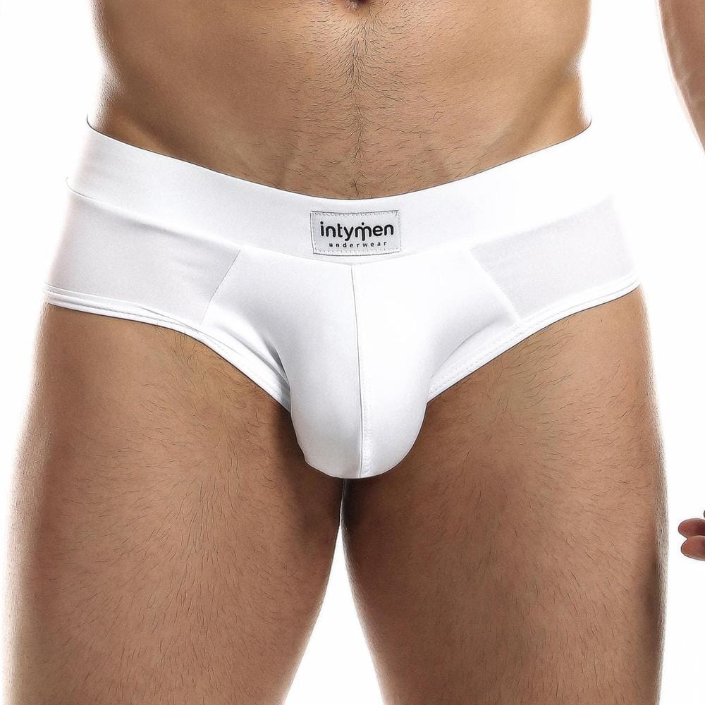White intymen inj062 brief underwear with smooth form-fitting design and branded label on waistband front side