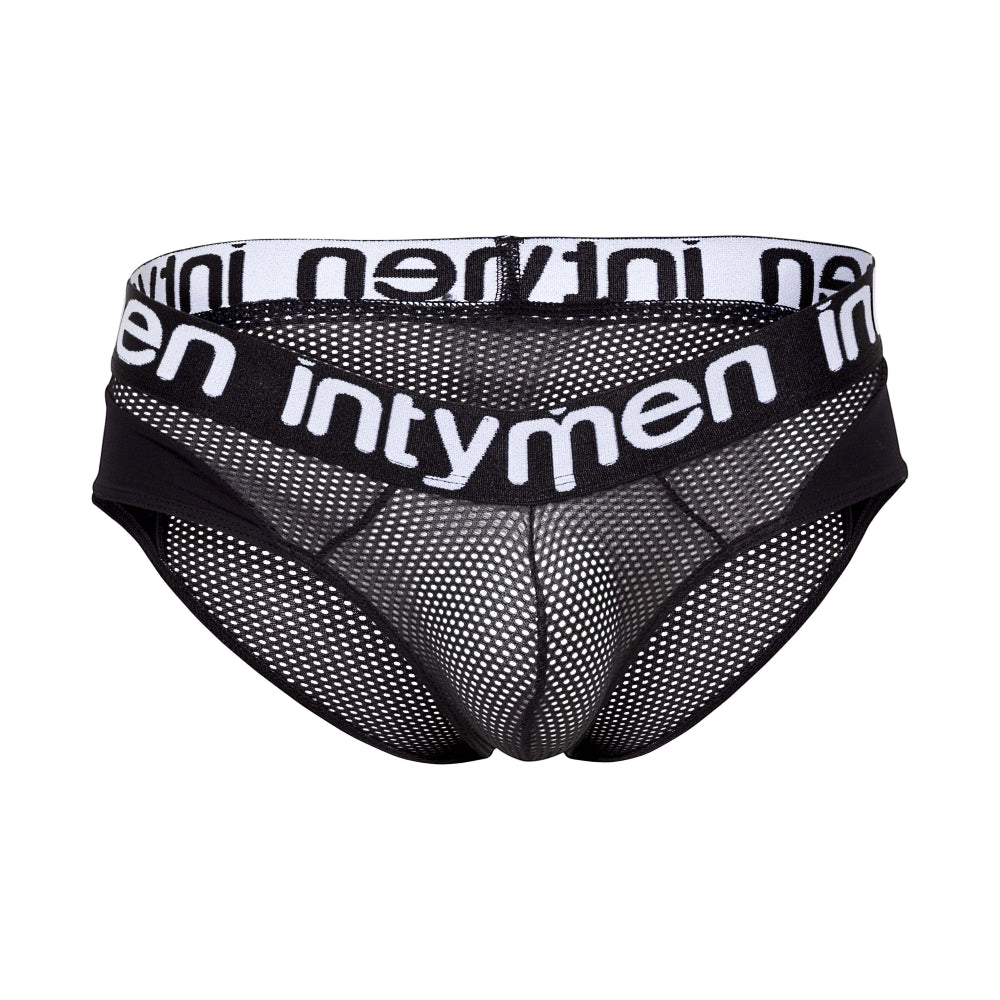 Black mesh briefs with white elastic waistband featuring intymen logo in bold black lettering model inj102 brief