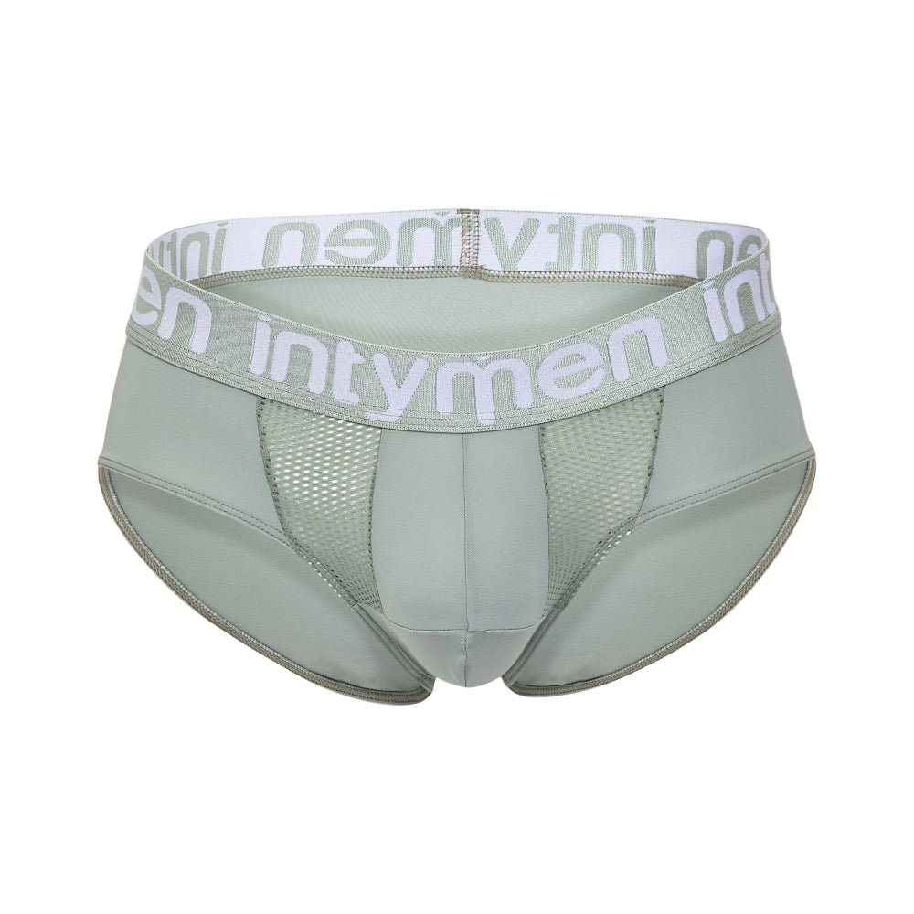 Light green Intymen INJ103 briefs with white elastic waistband, gray logo, and mesh side panels for breathability