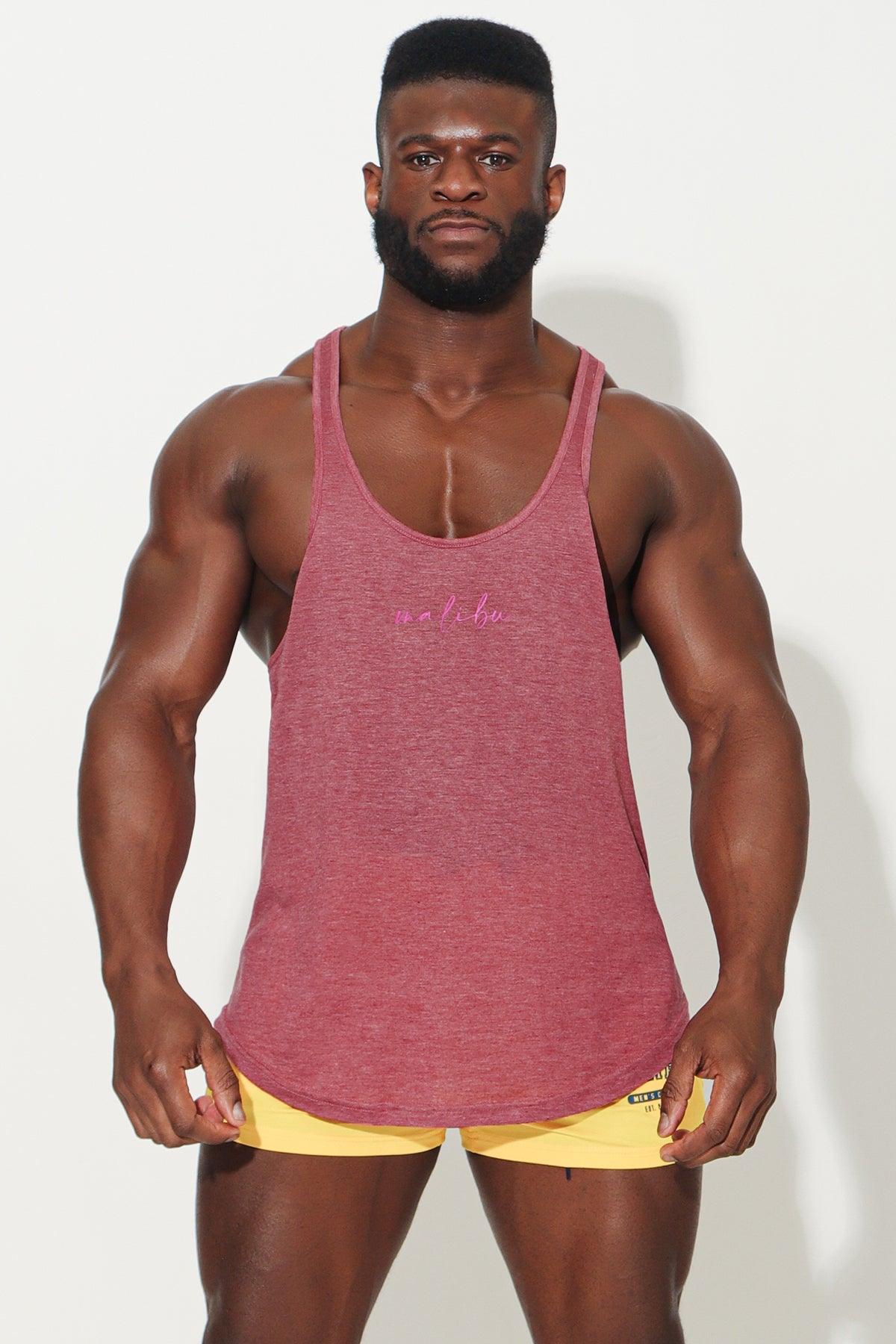 A heathered rose pink jj classic workout stringer muscle tank top with subtle embroidered logo on the chest
