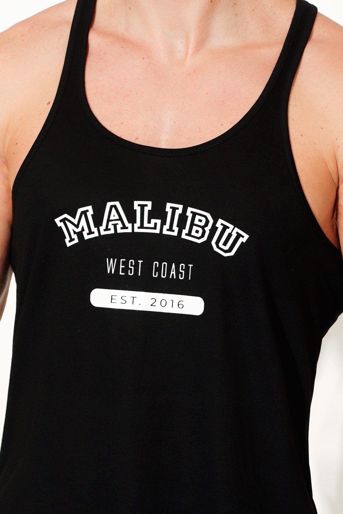 Black JJ classic workout stringer tank top with white malibu west coast est print for activewear