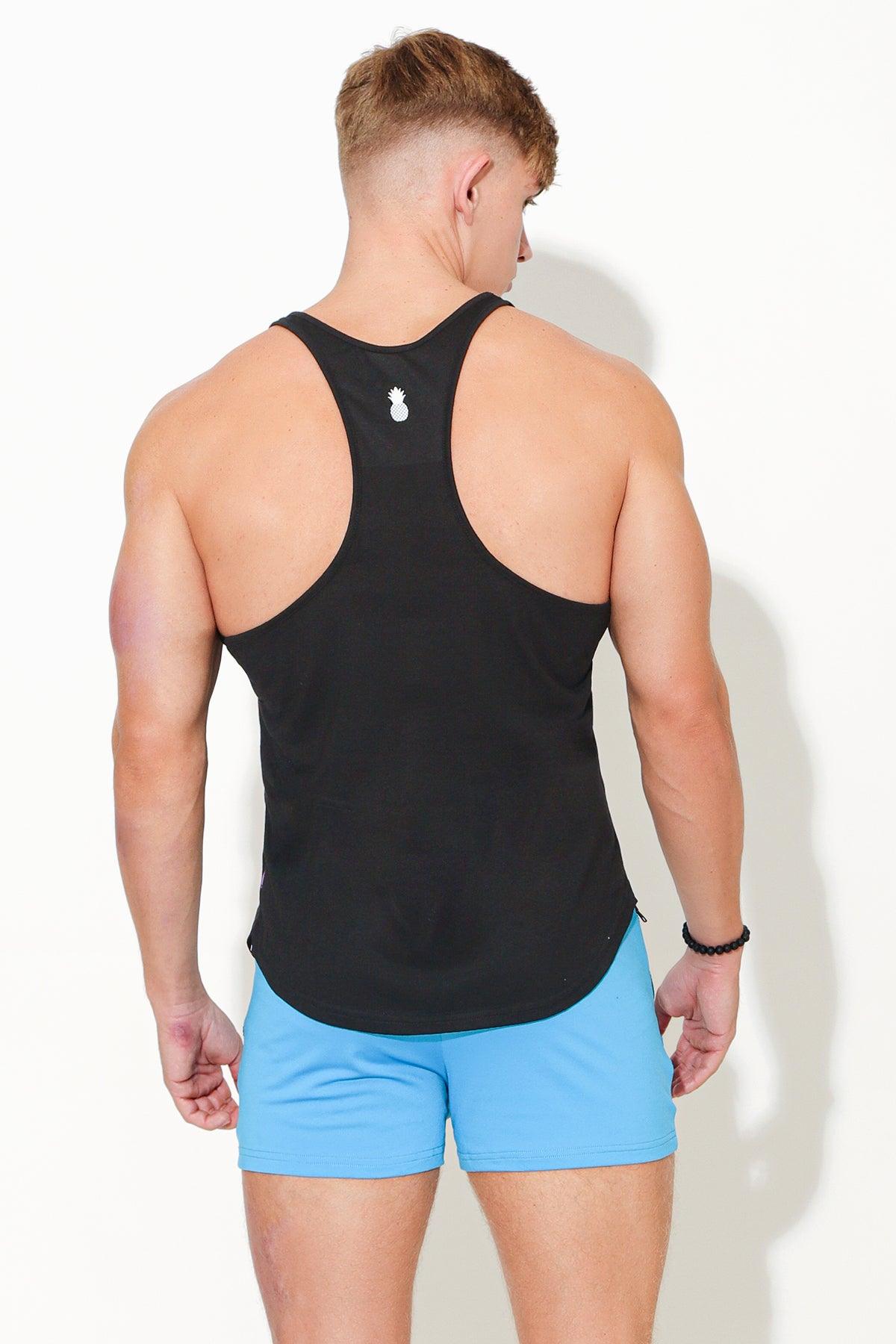 Back view of a black jj classic workout stringer racerback tank top with a small white logo on the upper back