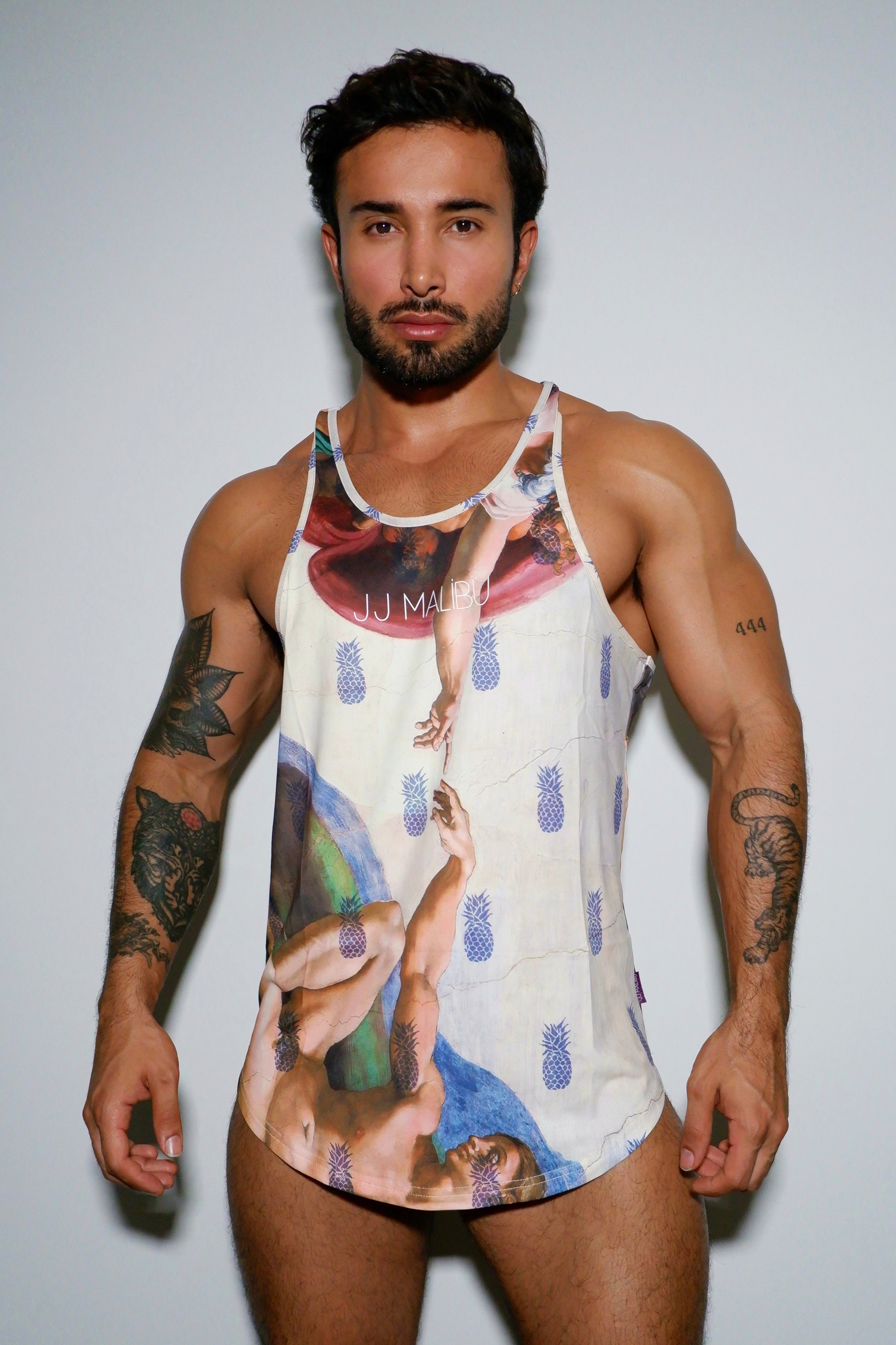 JJ Malibu Feel-Me Scoop Bottom Tank - Hands w/ Pineapple Print - DealByEthan.gay loves JJ Malibu