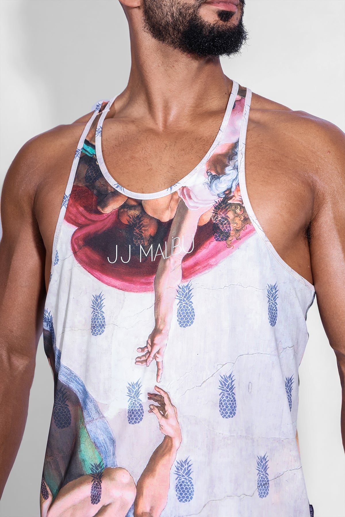 JJ Malibu Feel-Me Scoop Bottom Tank - Hands w/ Pineapple Print - DealByEthan.gay loves JJ Malibu