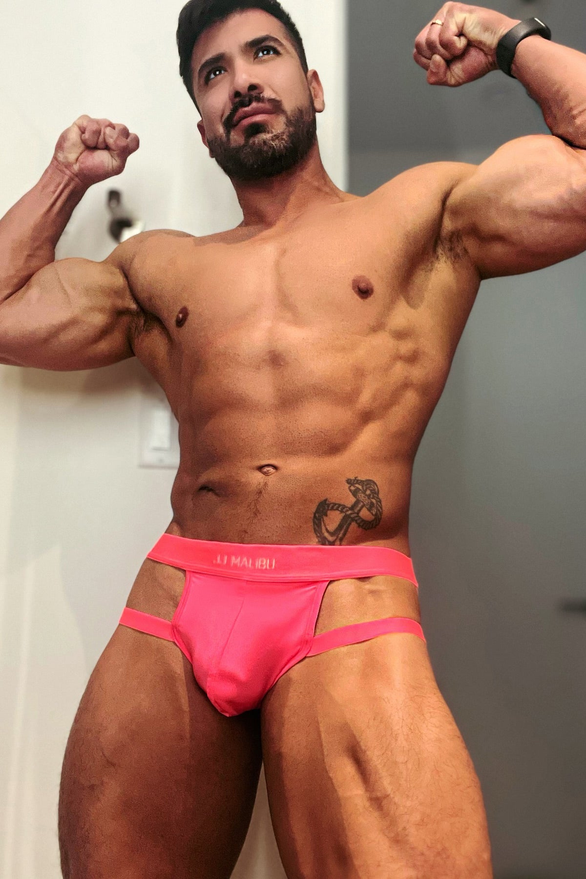 JJ Malibu Host-or-Travel Adjustable Jock Thong - Neon Pink - DealByEthan.gay loves JJ Malibu