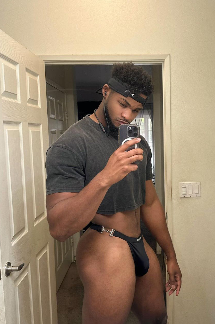 JJ Malibu Luster Metal Accent G-String Swim Thong - Midnight Black - DealByEthan.gay loves JJ Malibu
