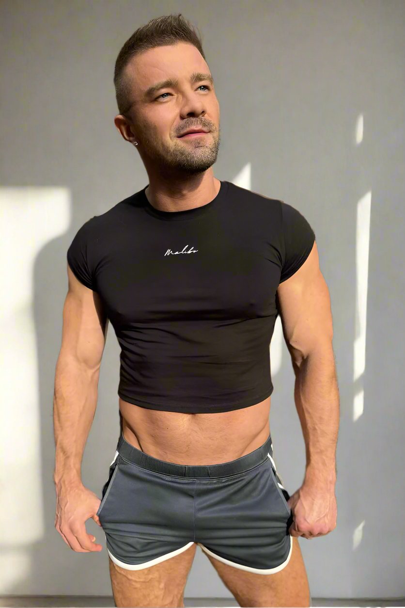 JJ Malibu Muscle-Fit Crop Half-Sleeve Tee - Black - DealByEthan.gay loves JJ Malibu
