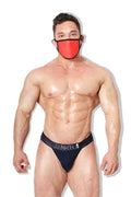 Navy blue jj malibu reusable face mask with white logo and trim size one size for comfortable protection