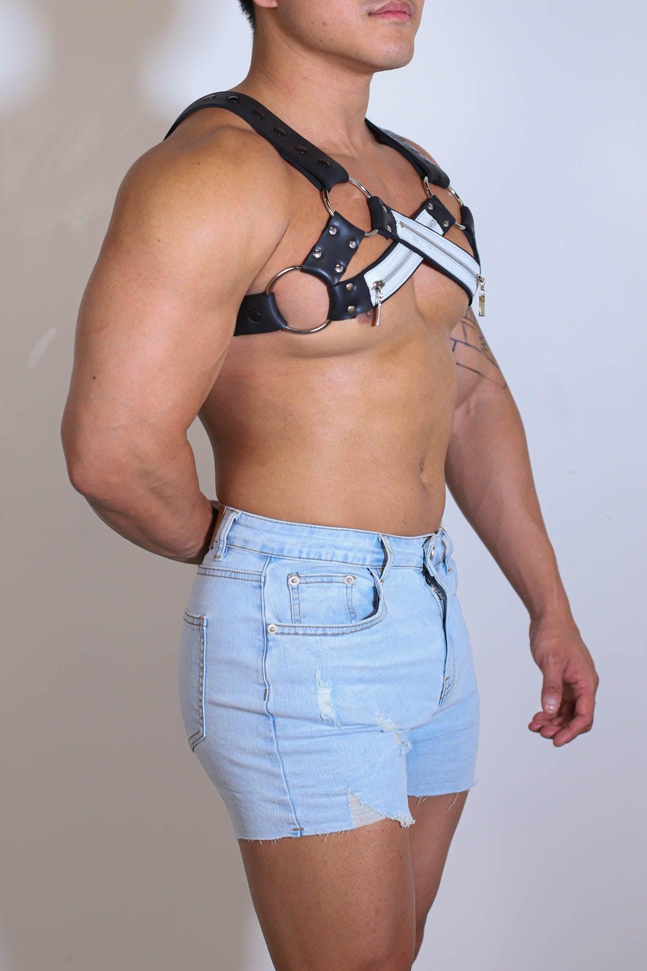 JJ Malibu X-Marks-the-Spot Vegan Leather Zip Harness - White & Black - DealByEthan.gay loves JJ Malibu