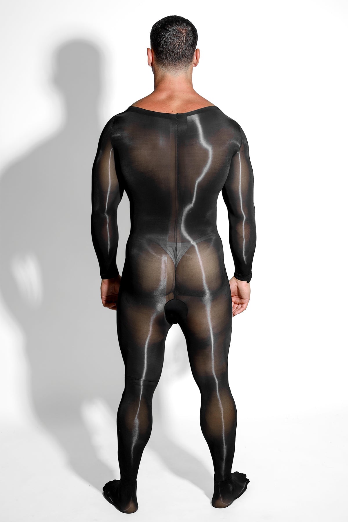 Einteiler-Bodysuit aus transparentem Netzstoff für Herren mit hohlem Ausschnitt im Schritt