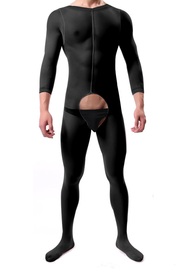 Men's Sheer Mesh Onesie Bodysuit with Hollow Crotch Cutout - Black