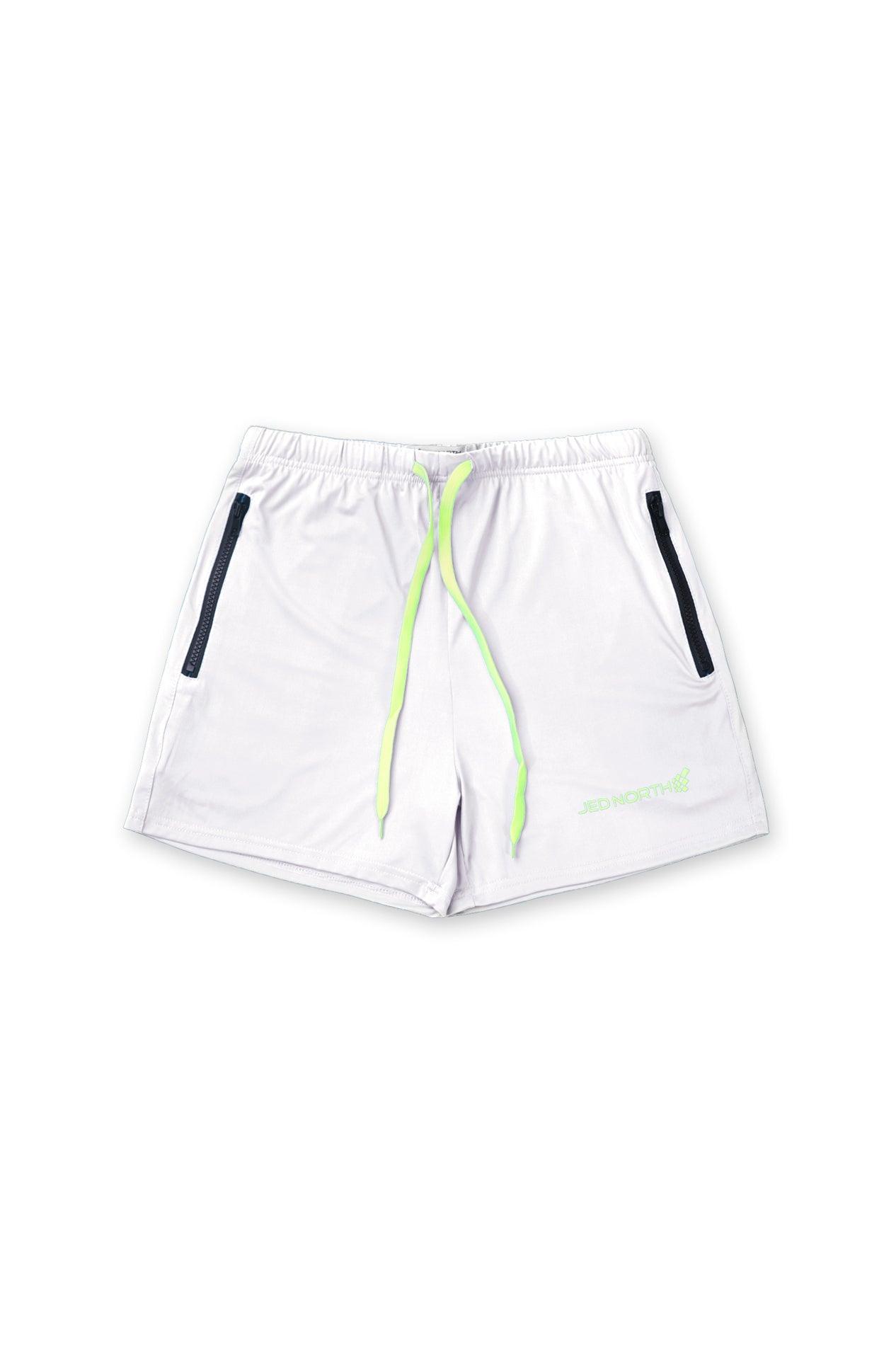 Jed North Agile Bodybuilding-Shorts, 4 Zoll, mit Reißverschlusstaschen, gebrochenes Weiß