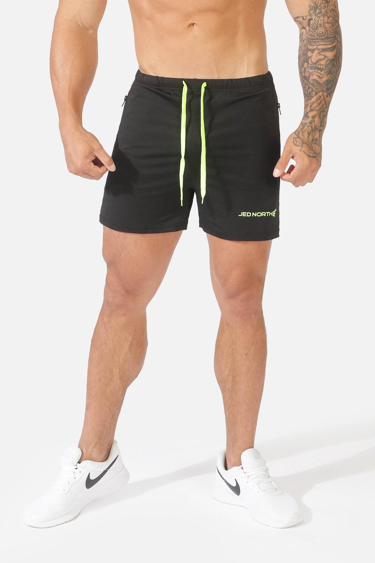 Jed North Agile Bodybuilding-Shorts, 10,2 cm, mit Reißverschlusstaschen, Schwarz