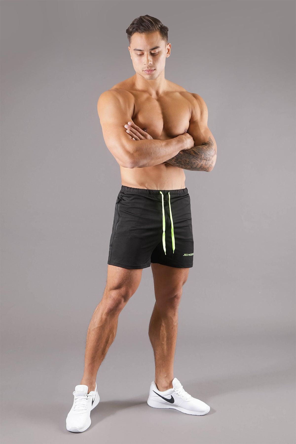 Jed North Agile Bodybuilding-Shorts, 10,2 cm, mit Reißverschlusstaschen, Schwarz