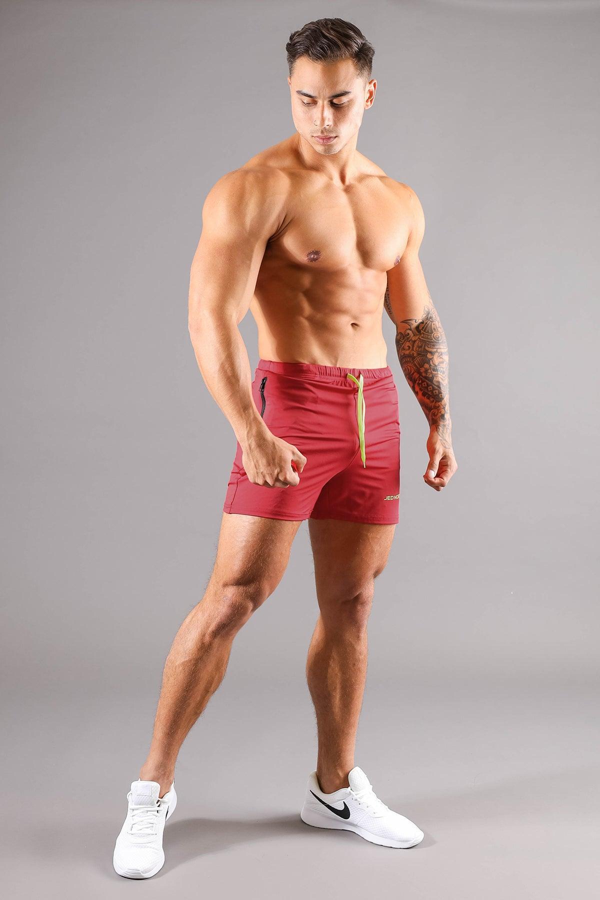 Jed North Agile Bodybuilding-Shorts, 4 Zoll, mit Reißverschlusstaschen, Karminrot