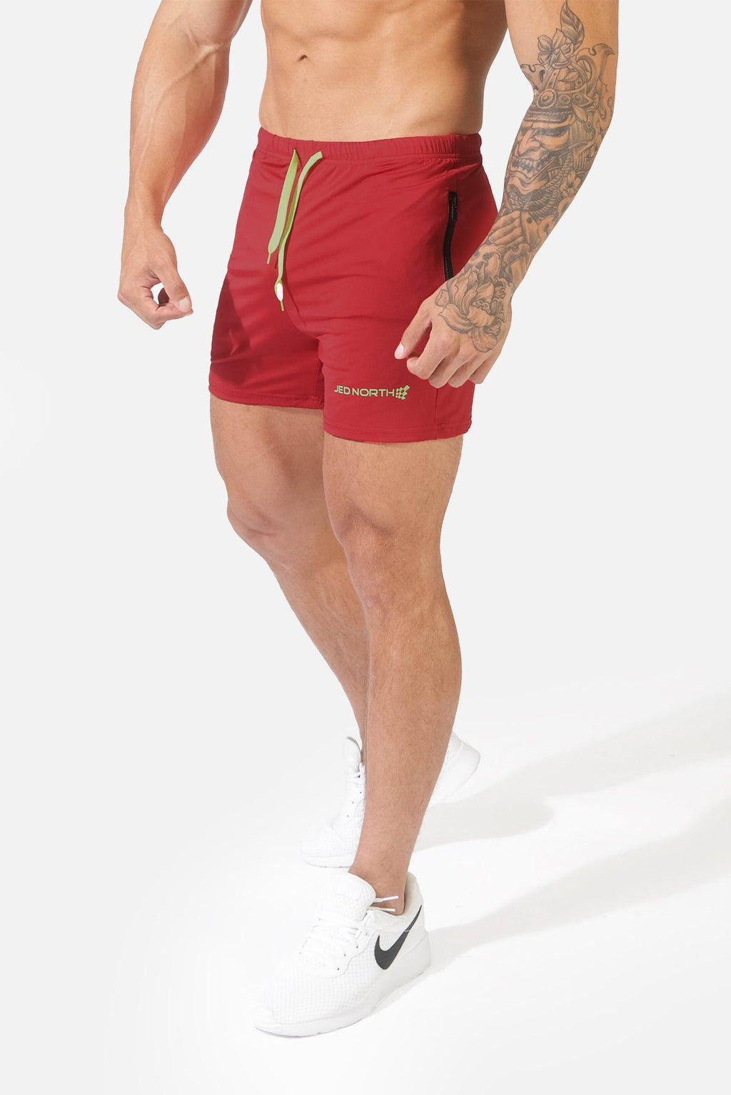 Jed North Agile Bodybuilding-Shorts, 4 Zoll, mit Reißverschlusstaschen, Karminrot