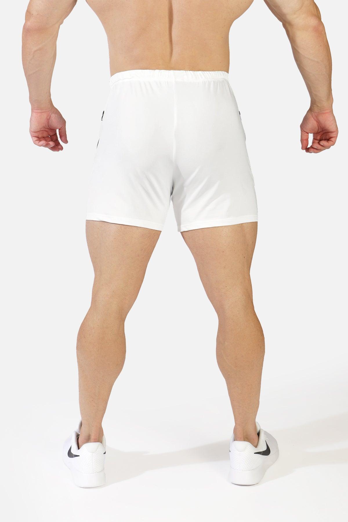 Jed North Agile Bodybuilding-Shorts, 4 Zoll, mit Reißverschlusstaschen, gebrochenes Weiß