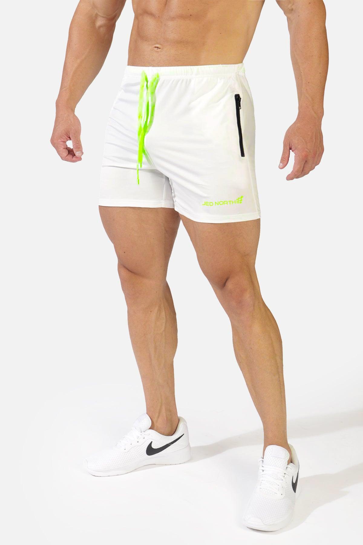 Jed North Agile Bodybuilding-Shorts, 4 Zoll, mit Reißverschlusstaschen, gebrochenes Weiß
