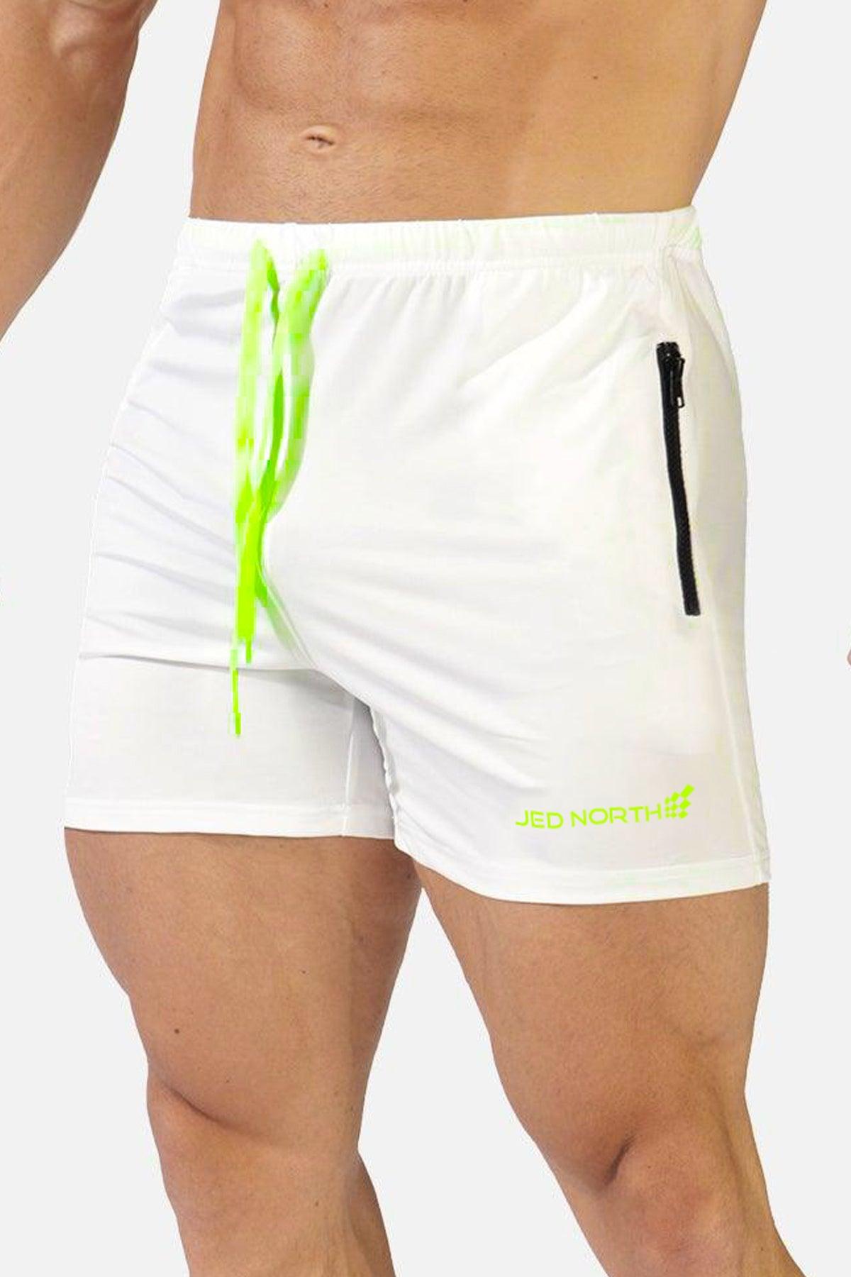 Jed North Agile Bodybuilding-Shorts, 4 Zoll, mit Reißverschlusstaschen, gebrochenes Weiß