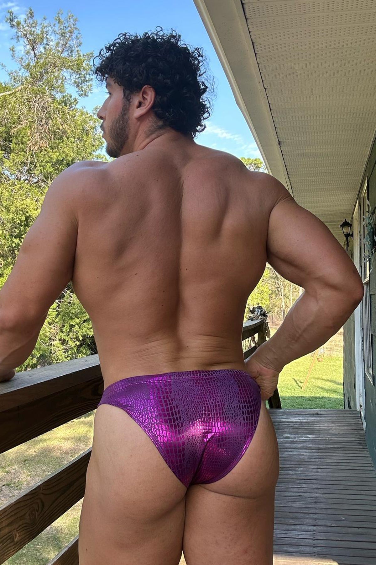 JJ Malibu Metallica Slip mit Ausbuchtungstasche – Hot Pink Croc