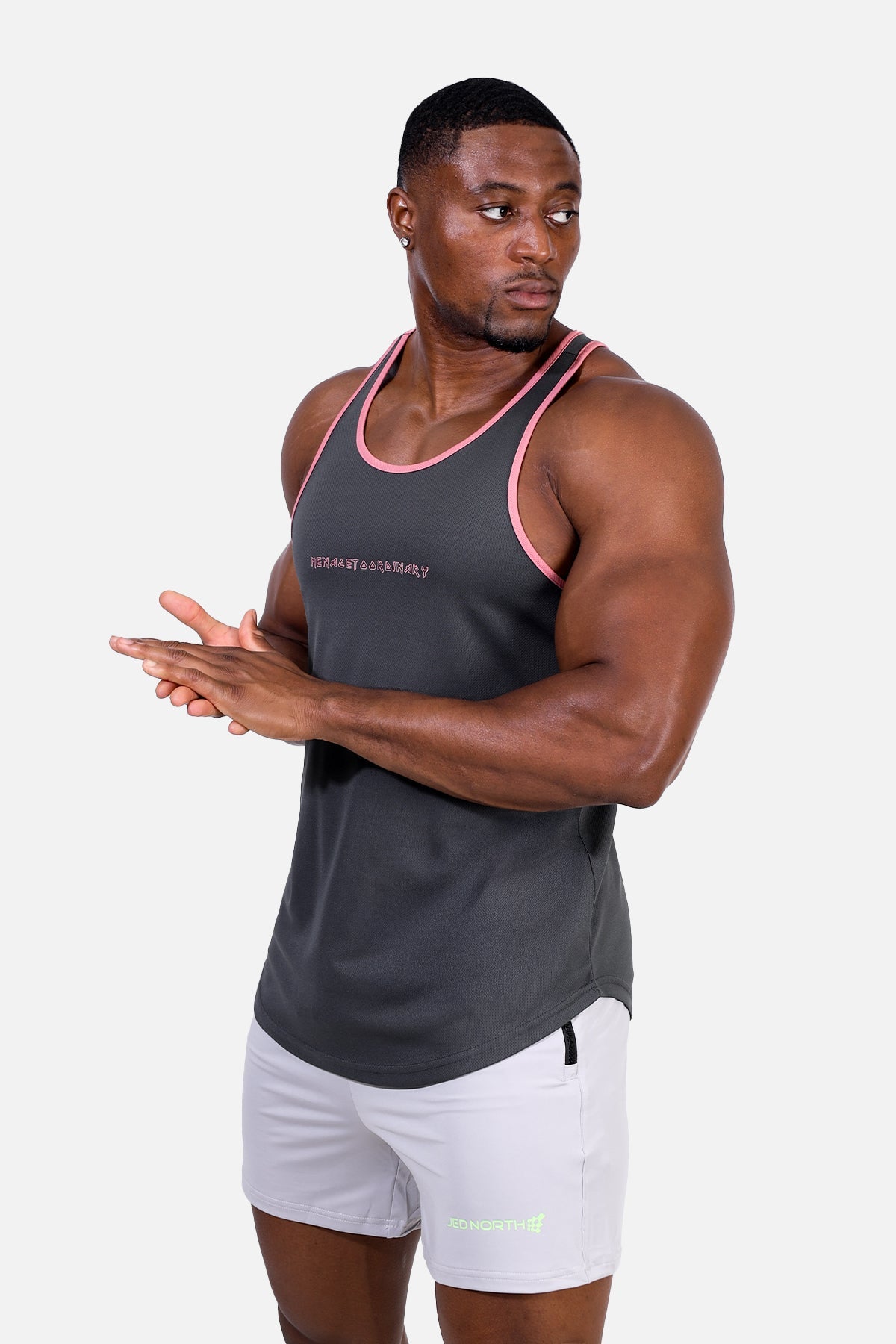 Jed North Fast-Dry Bodybuilding Workout Stringer - Grau mit Pink