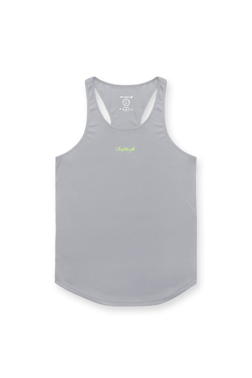 Jed North schnelltrocknendes Bodybuilding-Workout-Stringer-Tanktop – Hellgrau mit Neon-Logo
