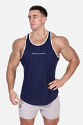 Jed North Fast-Dry Bodybuilding Workout Stringer – Navy mit weißem Menace-Aufdruck