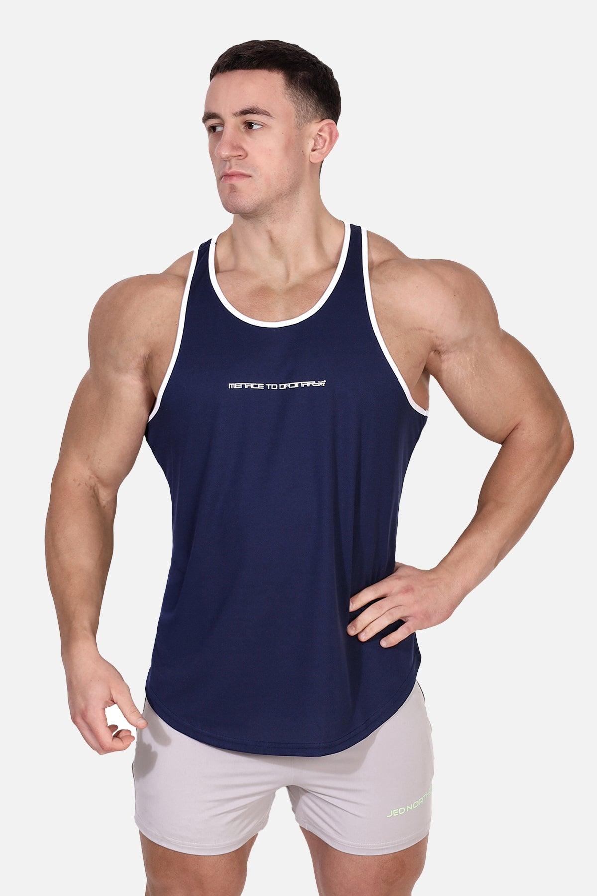 Jed North Fast-Dry Bodybuilding Workout Stringer – Navy mit weißem Menace-Aufdruck