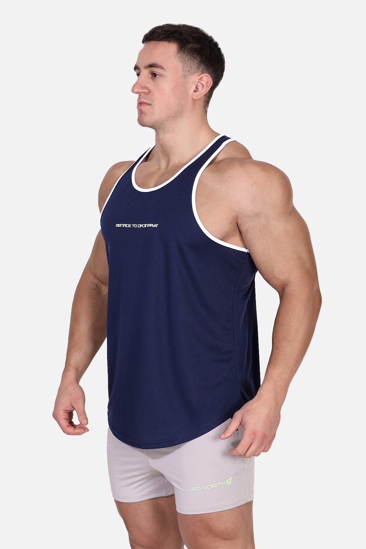 Jed North Fast-Dry Bodybuilding Workout Stringer – Navy mit weißem Menace-Aufdruck