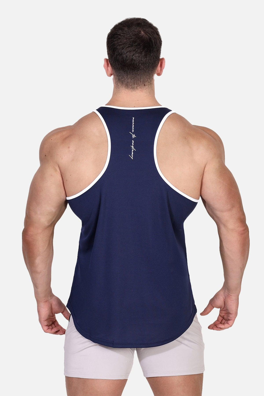 Jed North Fast-Dry Bodybuilding Workout Stringer – Navy mit weißem Menace-Aufdruck