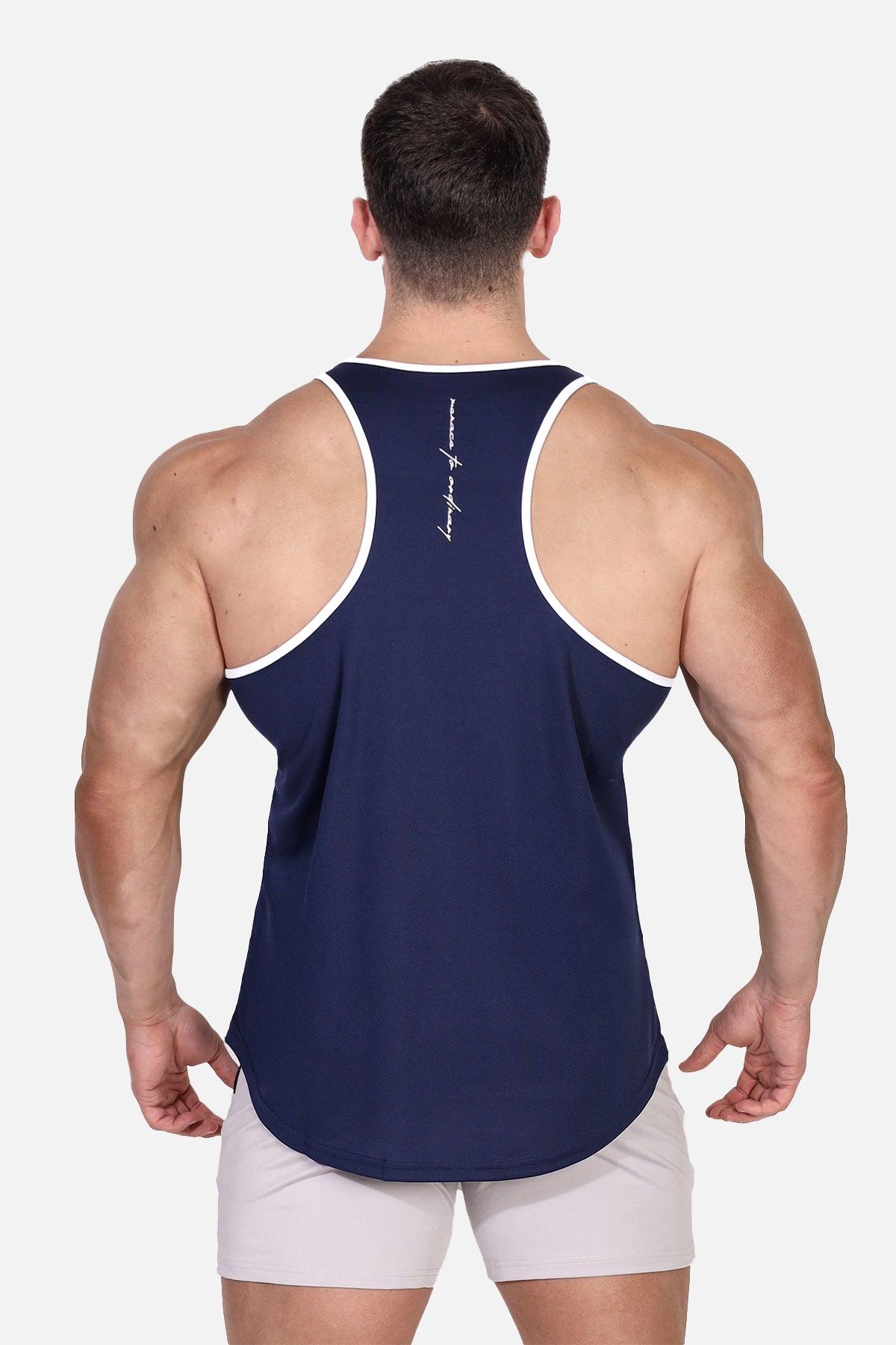 Jed North Fast-Dry Bodybuilding Workout Stringer – Navy mit weißem Menace-Aufdruck