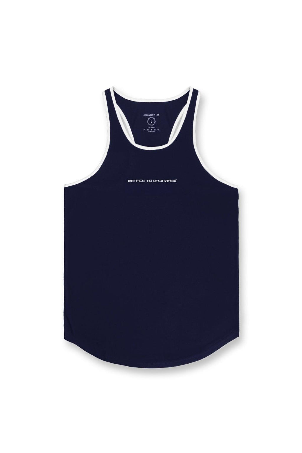 Jed North Fast-Dry Bodybuilding Workout Stringer – Navy mit weißem Menace-Aufdruck