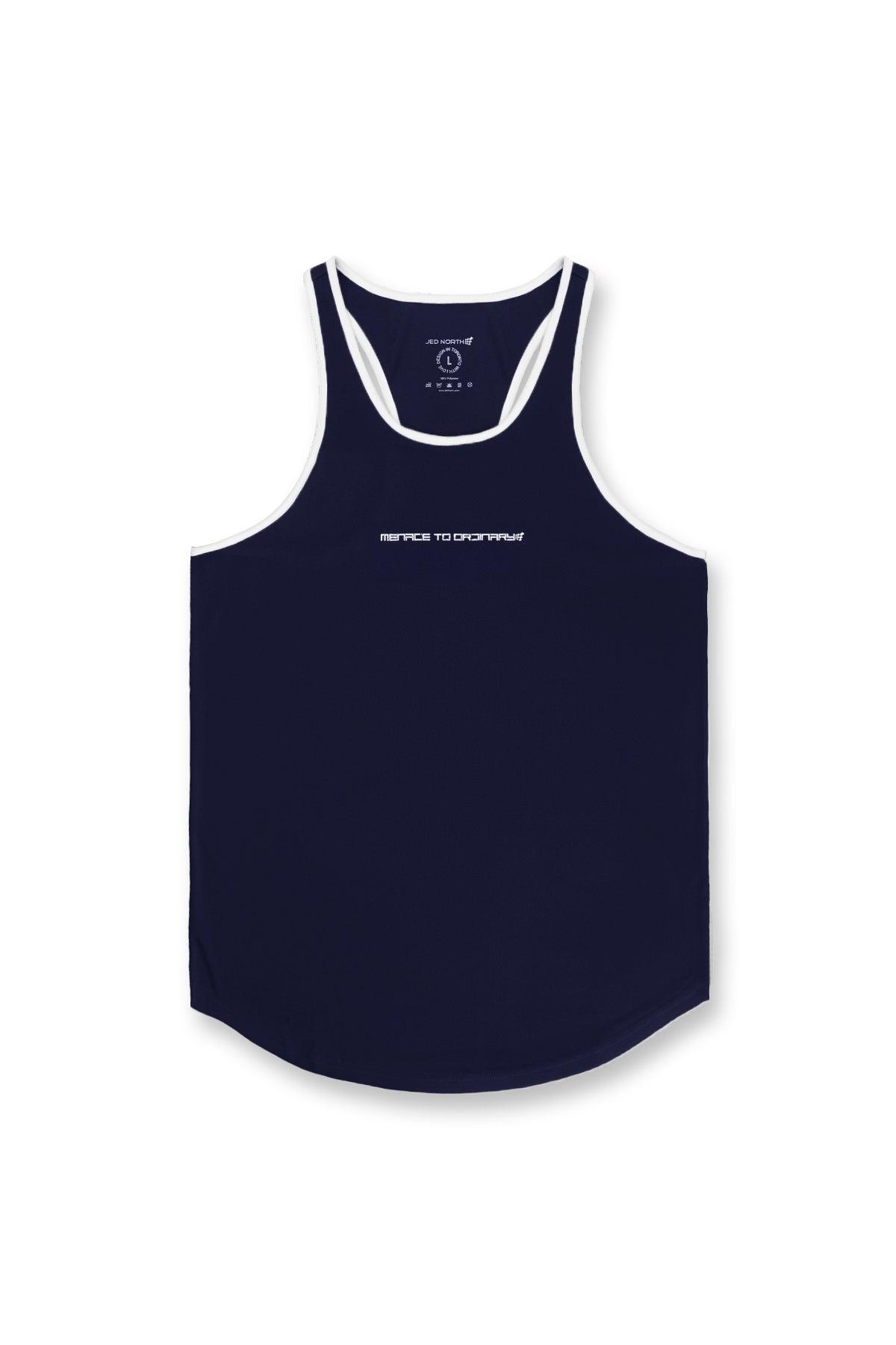 Jed North Fast-Dry Bodybuilding Workout Stringer – Navy mit weißem Menace-Aufdruck