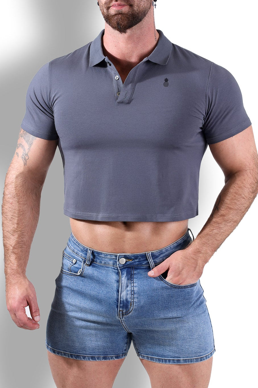 JJ Malibu Men's Fitted Polo Crop Top - Dark Grey