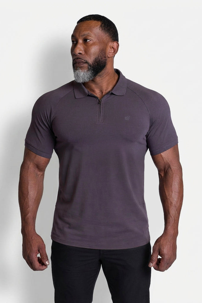 Jed North Premium Muscle-Fit Polo-T-Shirt mit Reißverschluss – Dunkelgrau