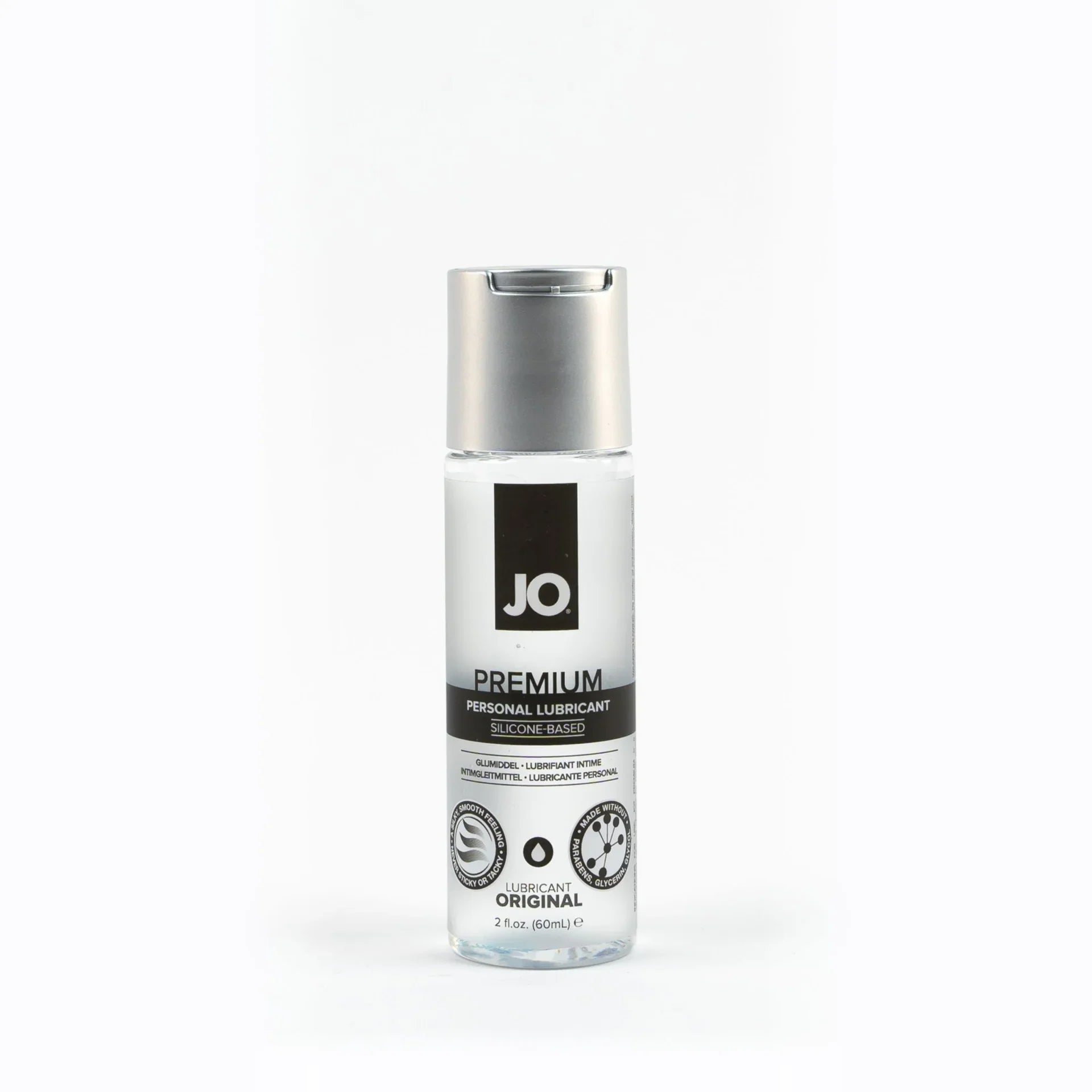 Clear glass bottle with silver cap and black label of jo premium original silicone-based personal lubricant