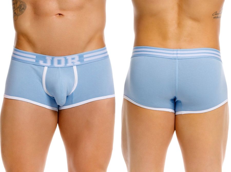 Light blue jor 2320 college trunks men’s briefs with white trim and three horizontal waistband stripes