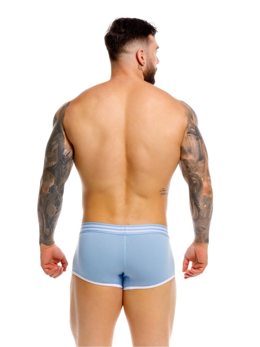 Jor 2320 college trunks light blue athletic briefs with white trim and three stripes on waistband for activewear