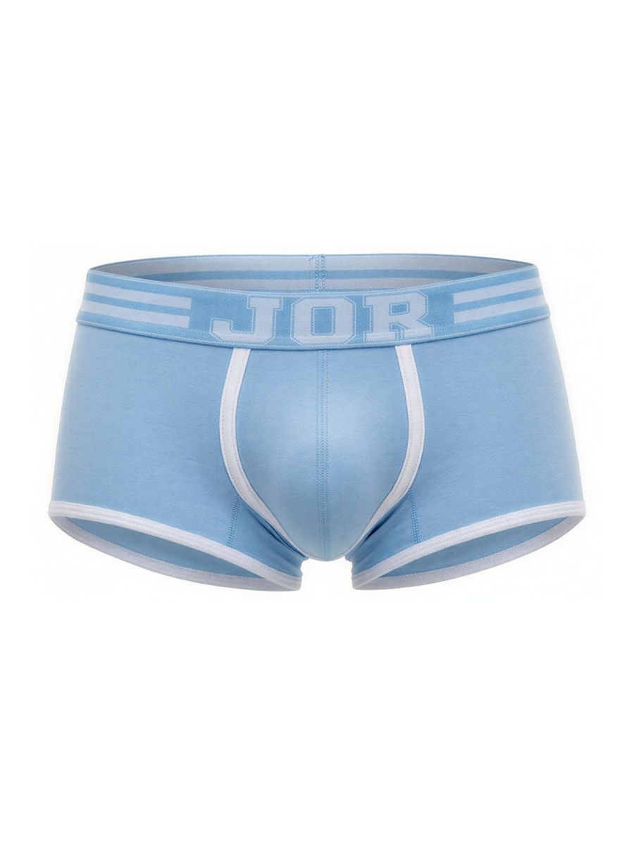 Light blue jor 2320 college trunks briefs with white trim and matching waistband featuring jor logo