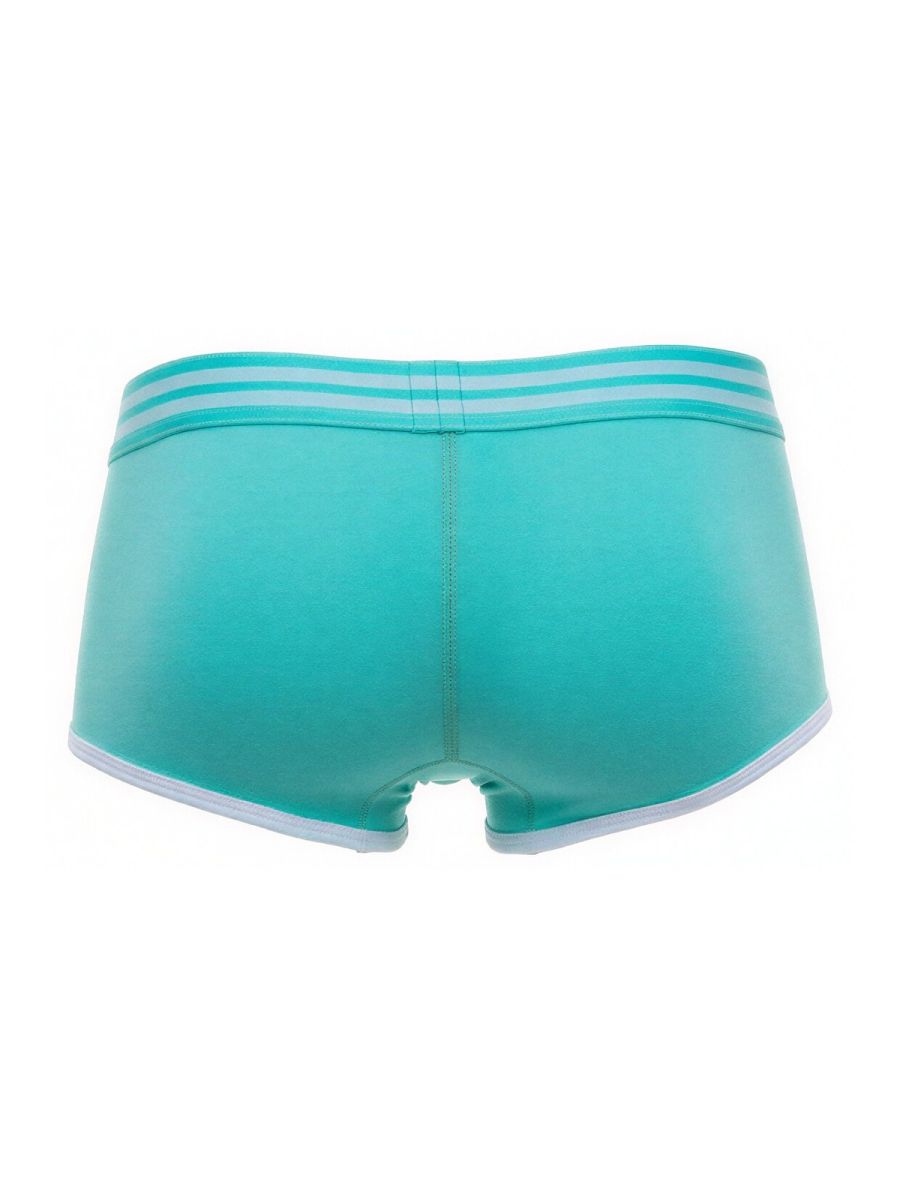 Turquoise jor 2320 college trunks athletic briefs with white trim and three waistband stripes in mint color