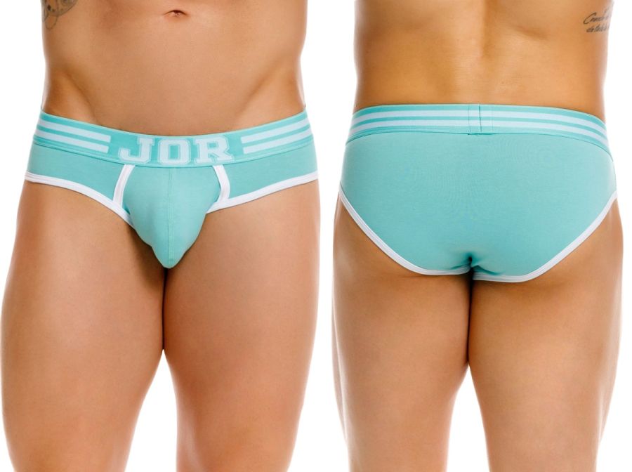 Teal jor 2321 college briefs with white trim and three horizontal stripes on the waistband in mint color