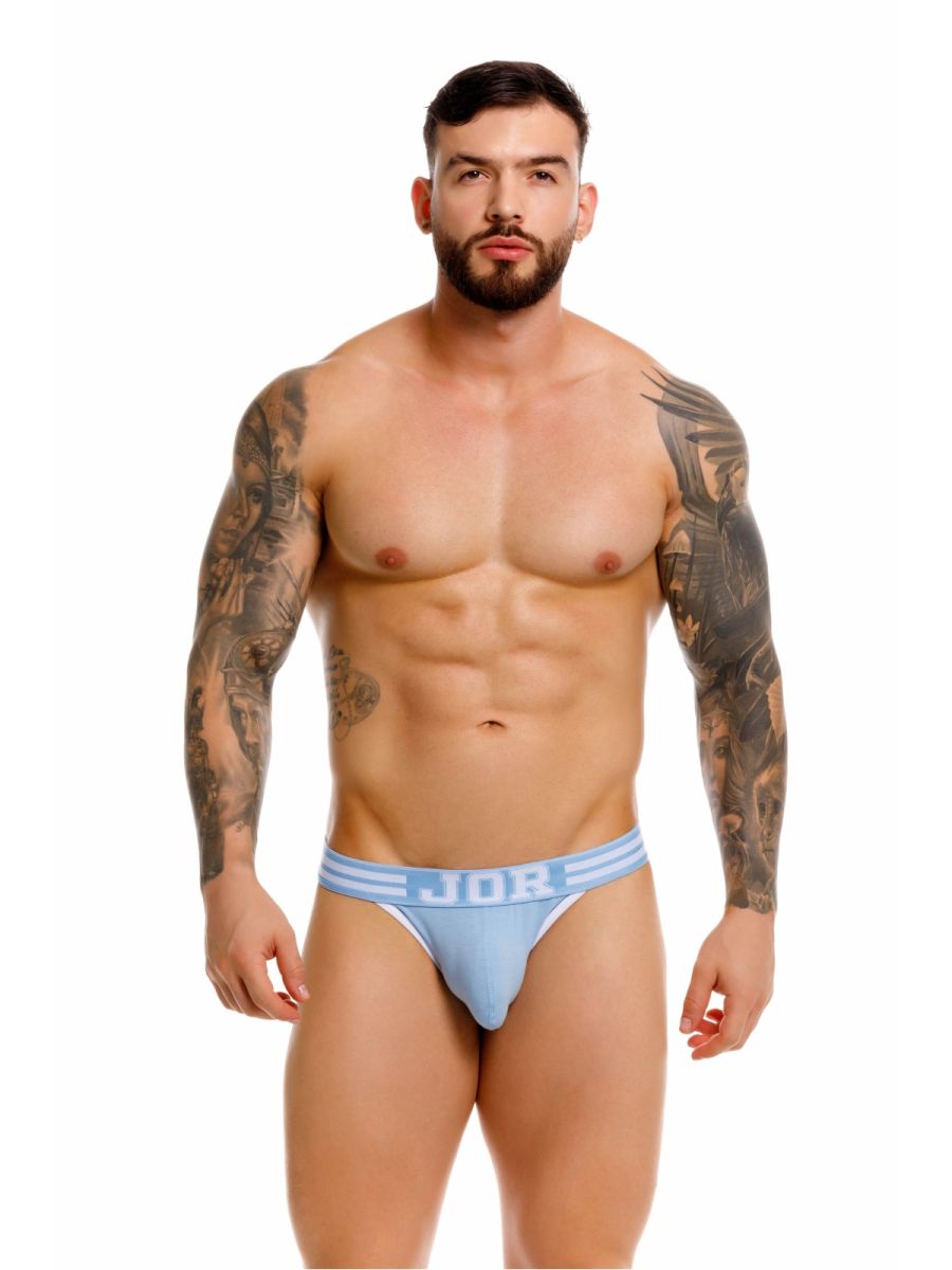 Light blue jor 2323 college briefs with white stripes and bold logo waistband showing front view